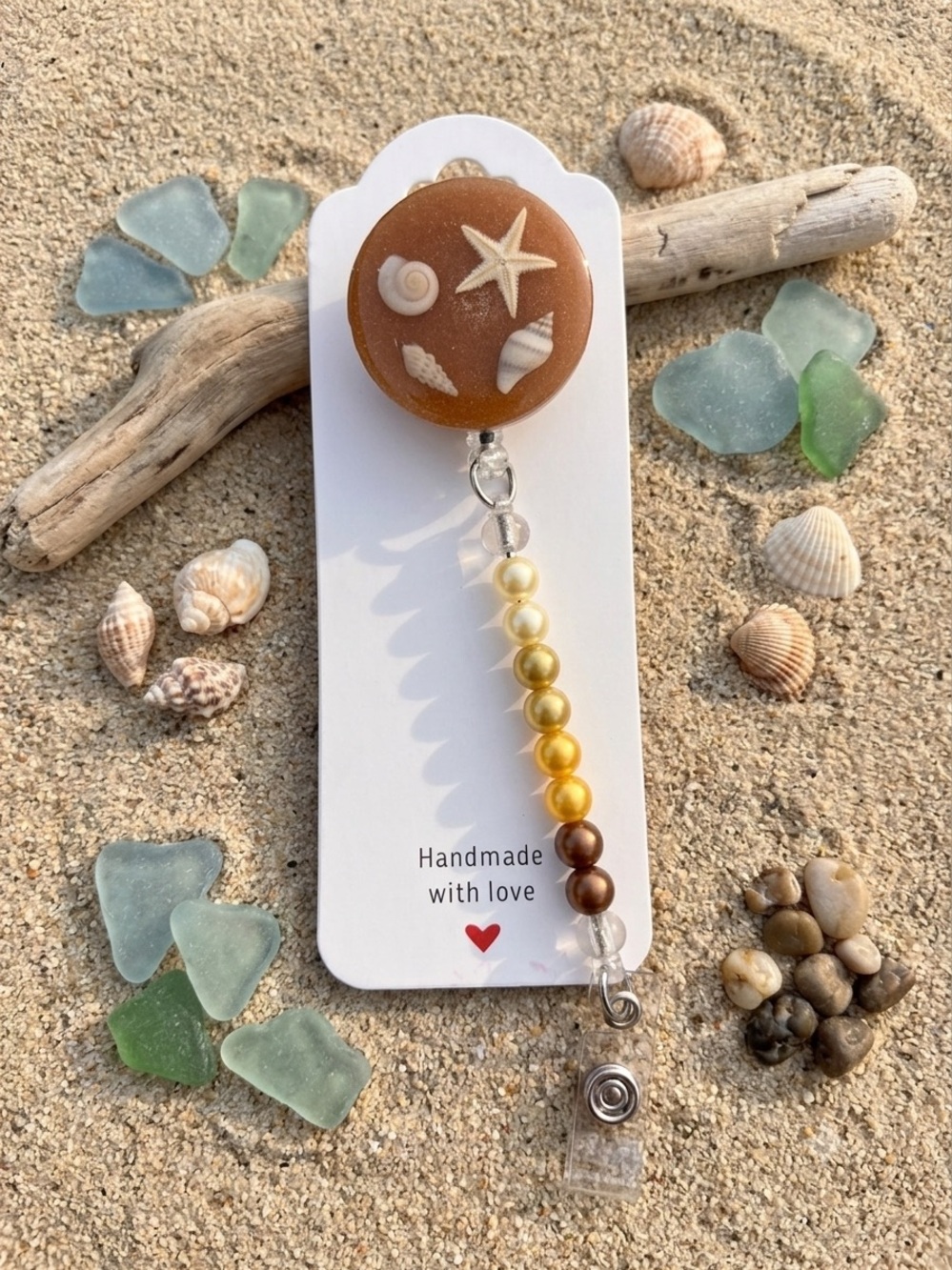 Handmade Shell Badge Reel with Amber Beads - Brown/Gold